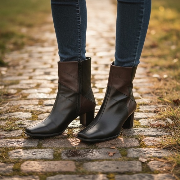 Isotoner Womens Patchwork Leather Ankle Boots Size 8 Platform Block Heel Y2K 90s - Picture 3 of 16
